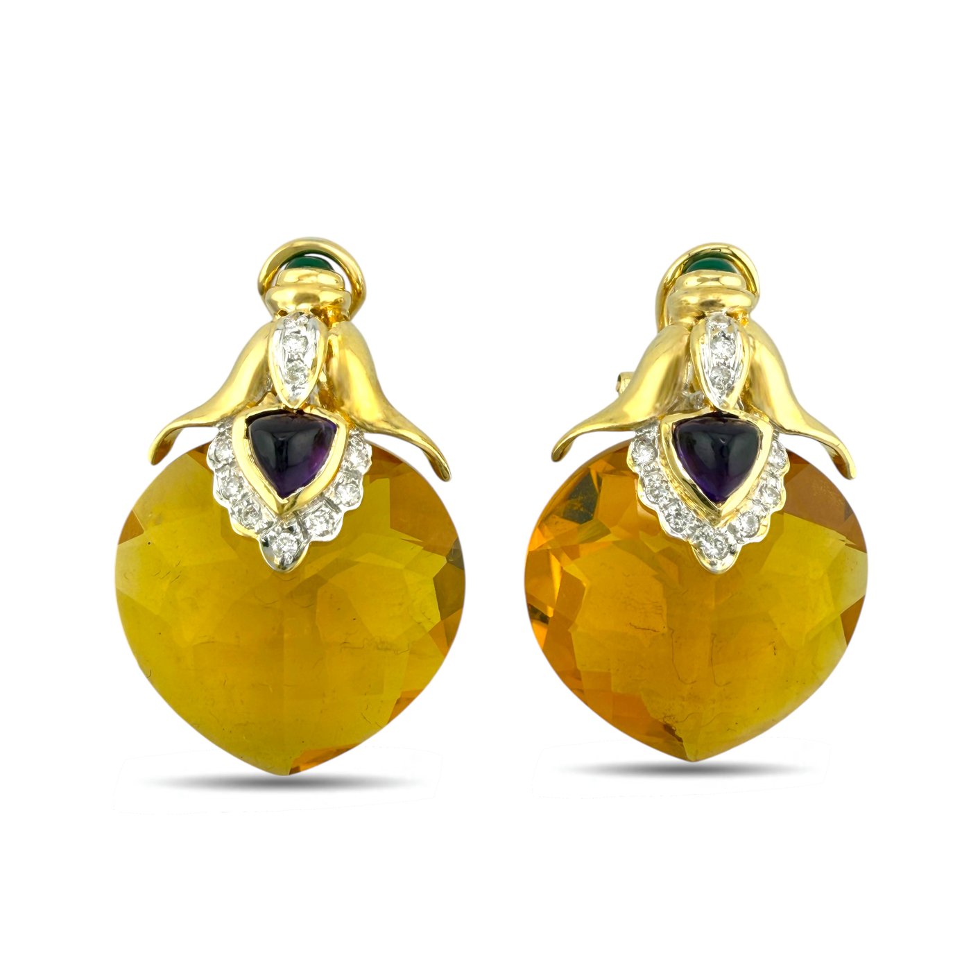 18K Yellow Gold 45.00ct Citrine, 0.20ct Diamond, Emerald, Amethyst Earrings, Yellow gold -  45.00ct. tw. Citrine - Diamond