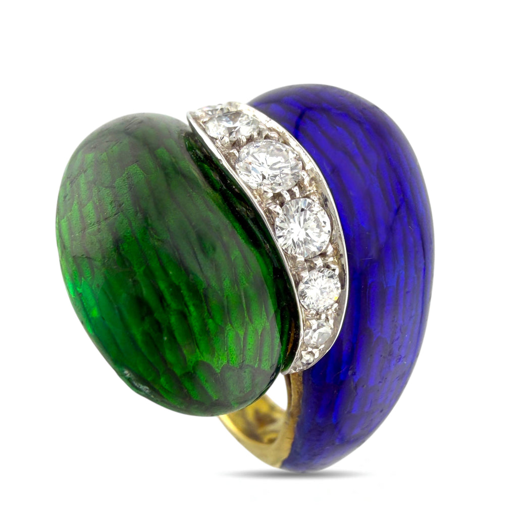 18K Yellow Gold 0.27ct Diamond, Blue, and Green Enamel Centerline Ring