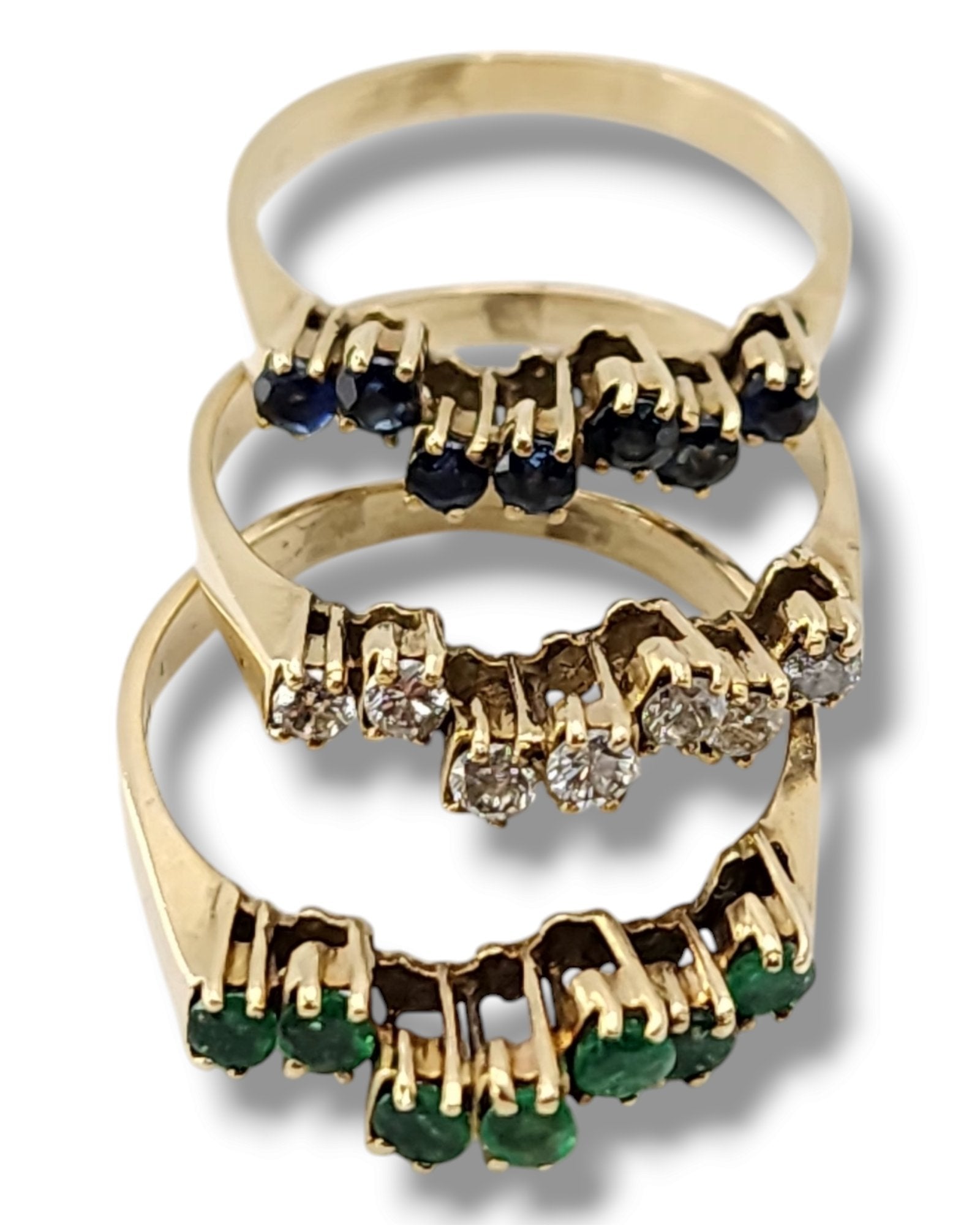 3 Pieces Stackable 14K Gold Interlocking Ring Set with Diamonds, Emeralds and Sapphires