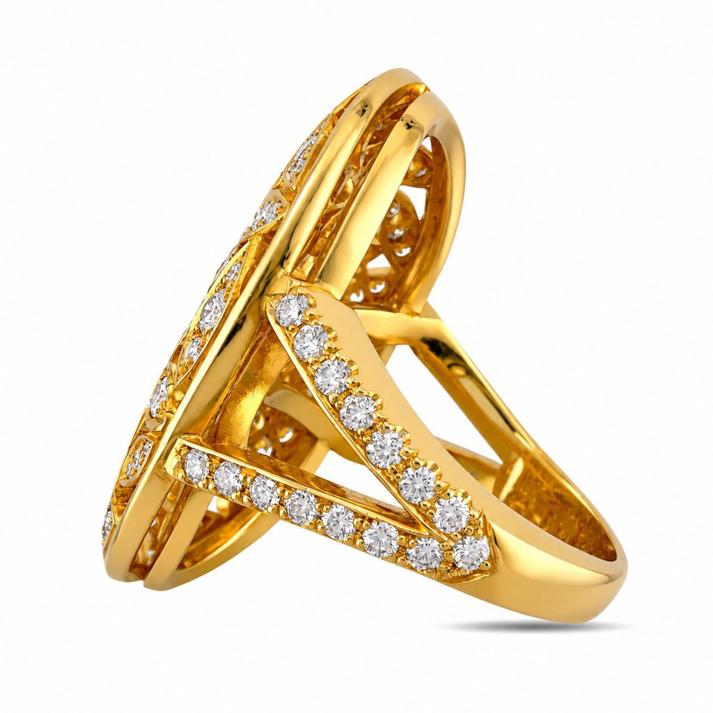 18K yellow gold diamond statement ring with intertwined pavé bands