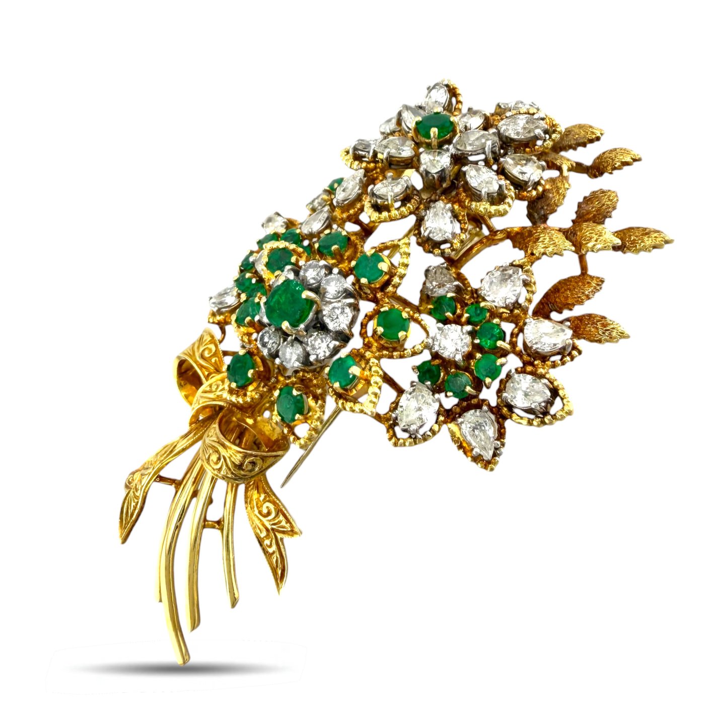 18K Yellow Gold 11ct Diamond and 4ct Emerald Wheat and Sunflower Brooch