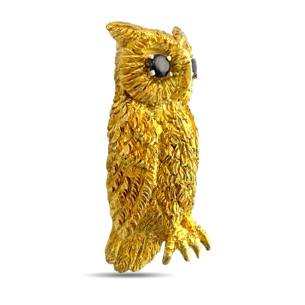 Cellini 18K Yellow Gold Smoky Quartz Owl Brooch