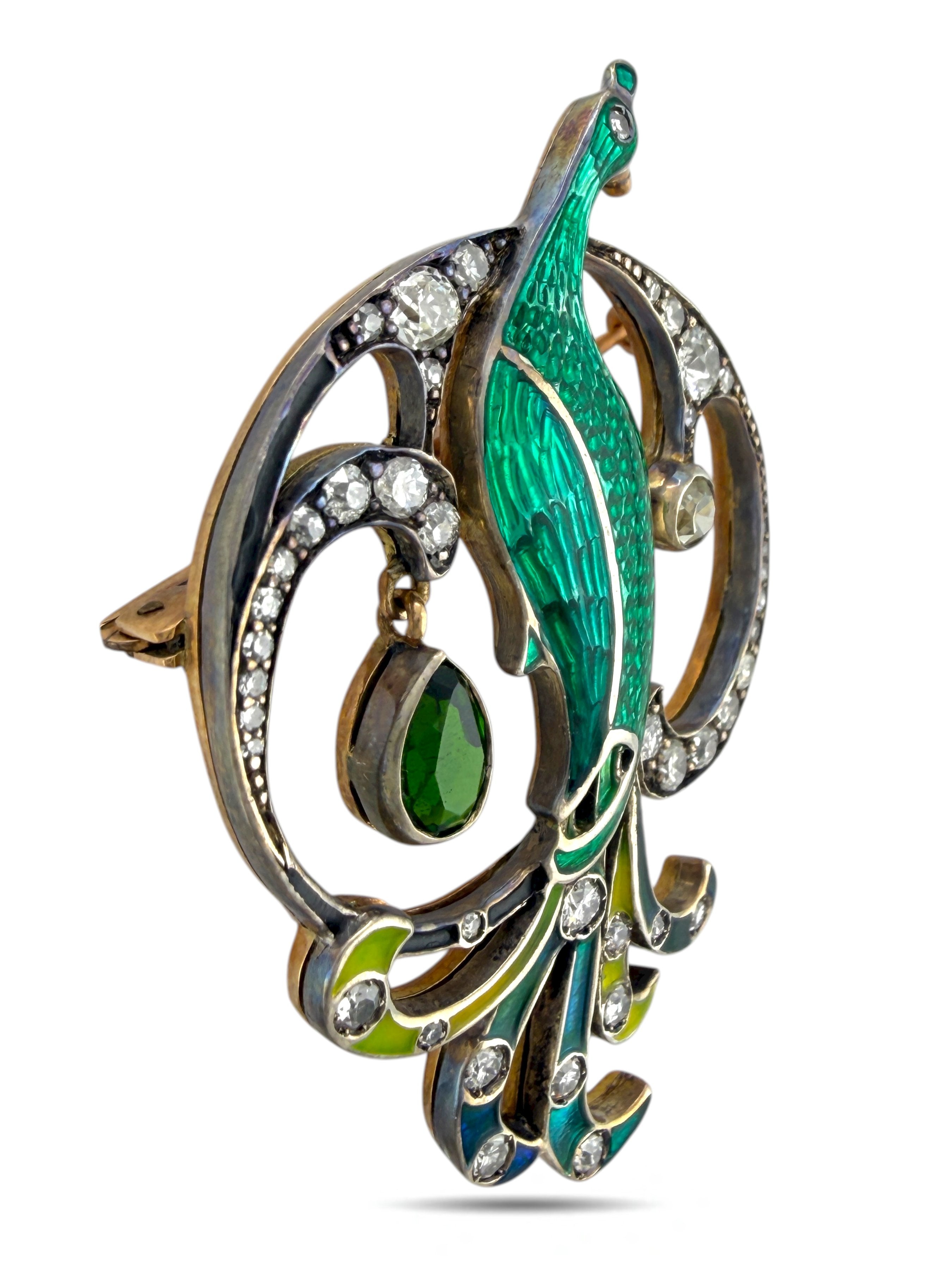 Imperial Russian Period Gold Enamel and Diamond Peacock Brooch Pre-1917