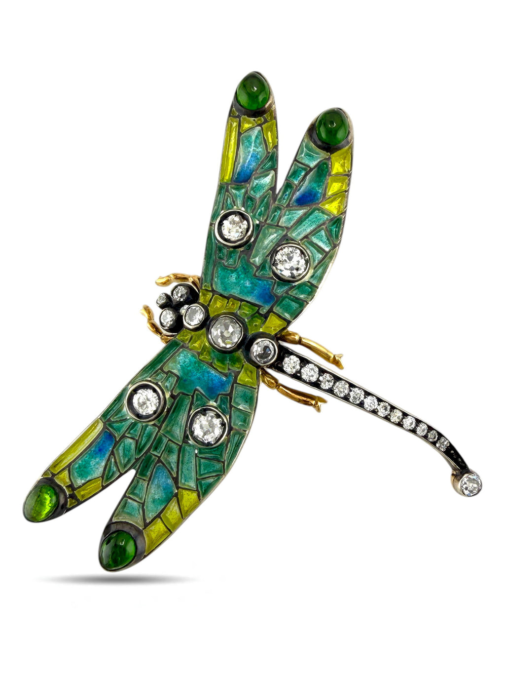 Dragonfly brooch with green, blue, and yellow enamel wings and round diamond accents