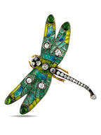Dragonfly brooch with green, blue, and yellow enamel wings and round diamond accents
