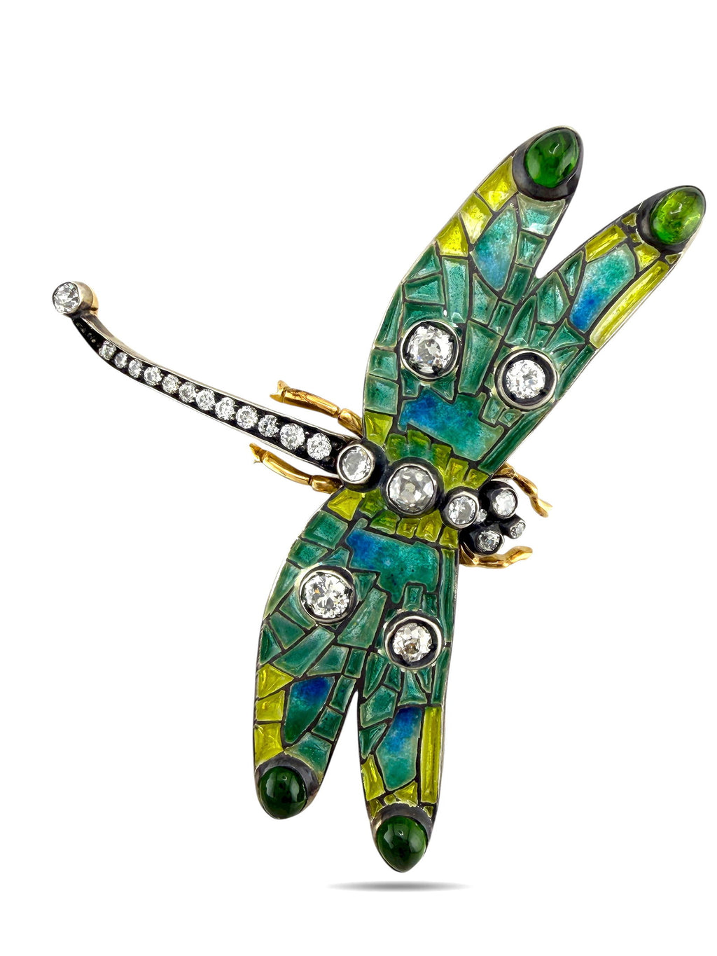 Dragonfly brooch with green and yellow enamel wings, diamond-like round settings, gold pin