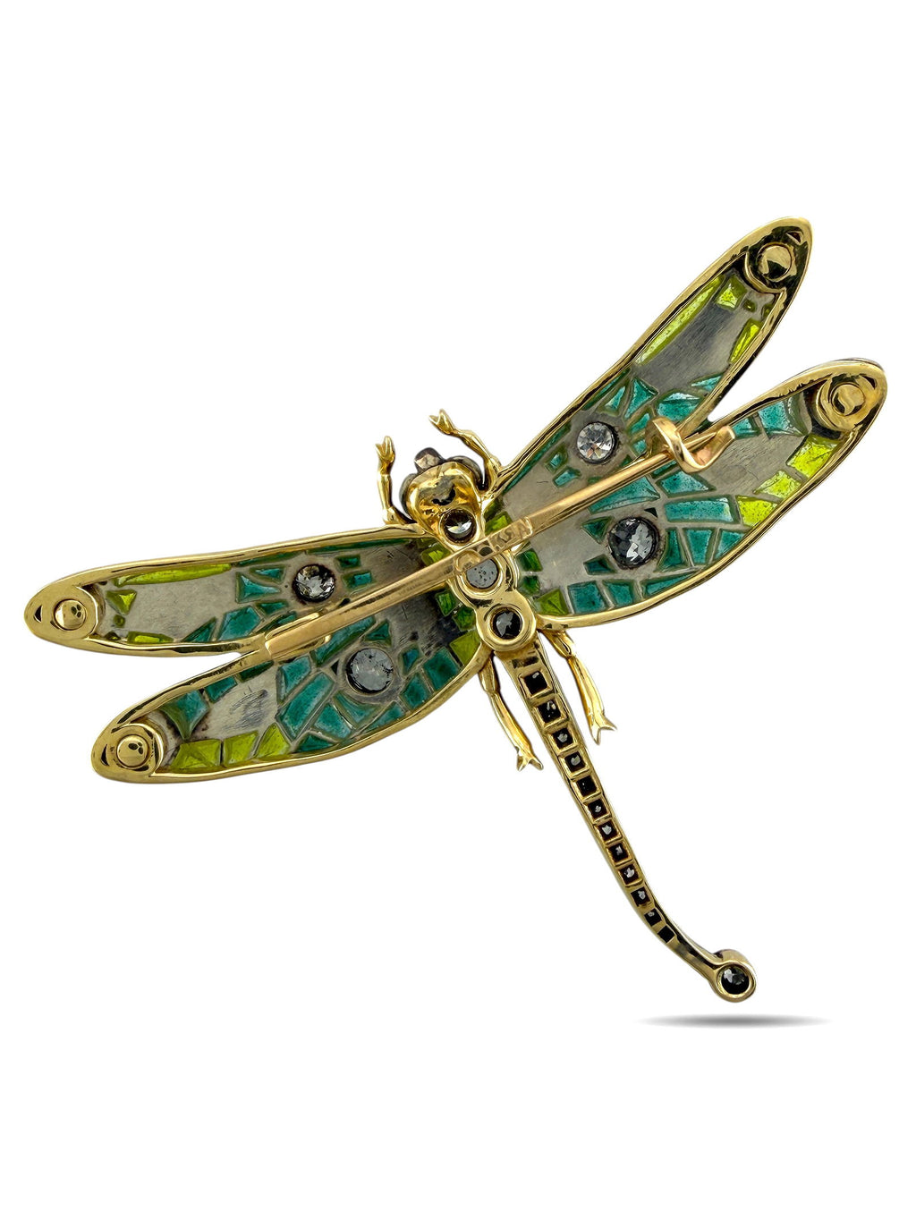 Enamel dragonfly brooch with green-blue body and gold tone outline, round stone details