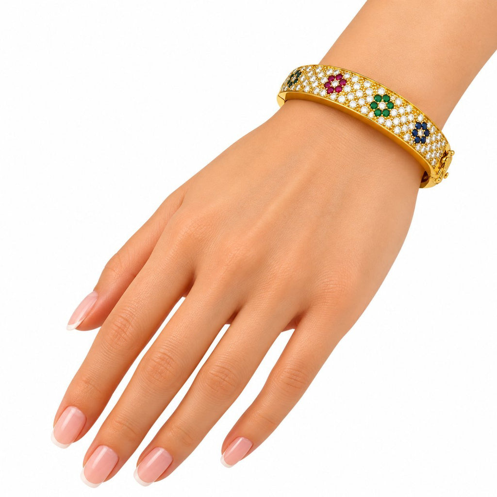 Diamond pave hinged cuff bracelet worn on wrist, with multicolor gemstone accents