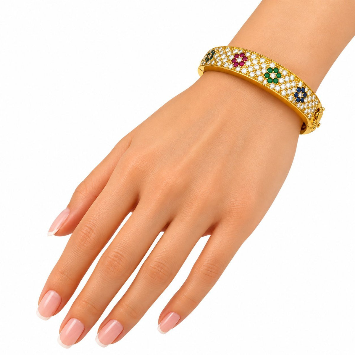 Diamond pave hinged cuff bracelet worn on wrist, with multicolor gemstone accents