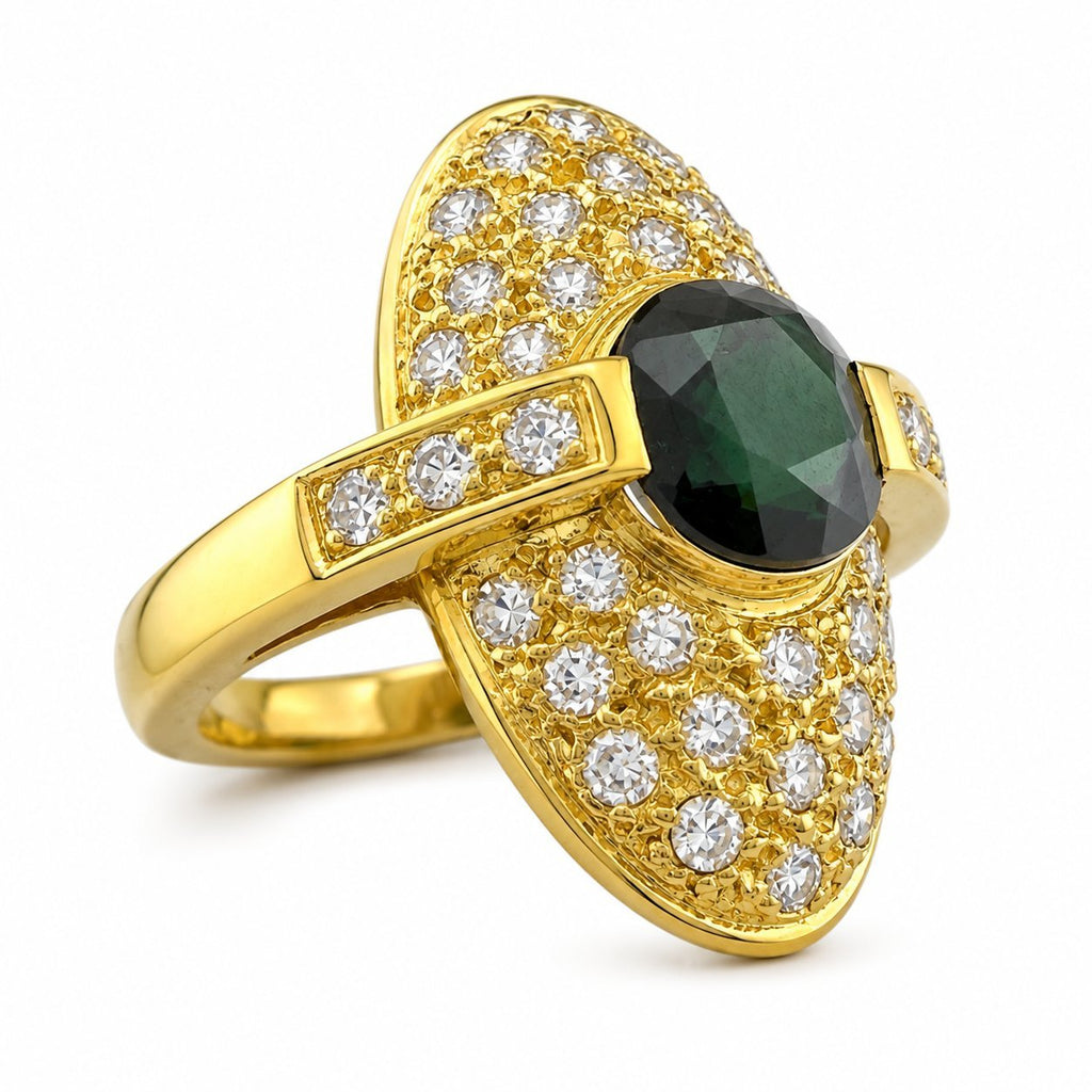 18K yellow gold ring with oval green tourmaline and diamond pave