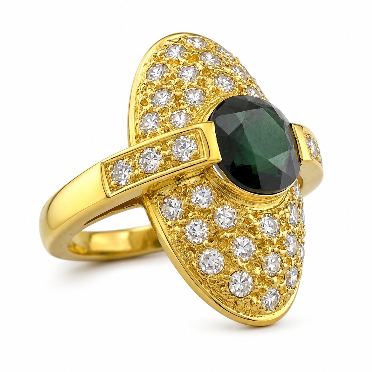 18K yellow gold ring with oval green tourmaline and diamond pave