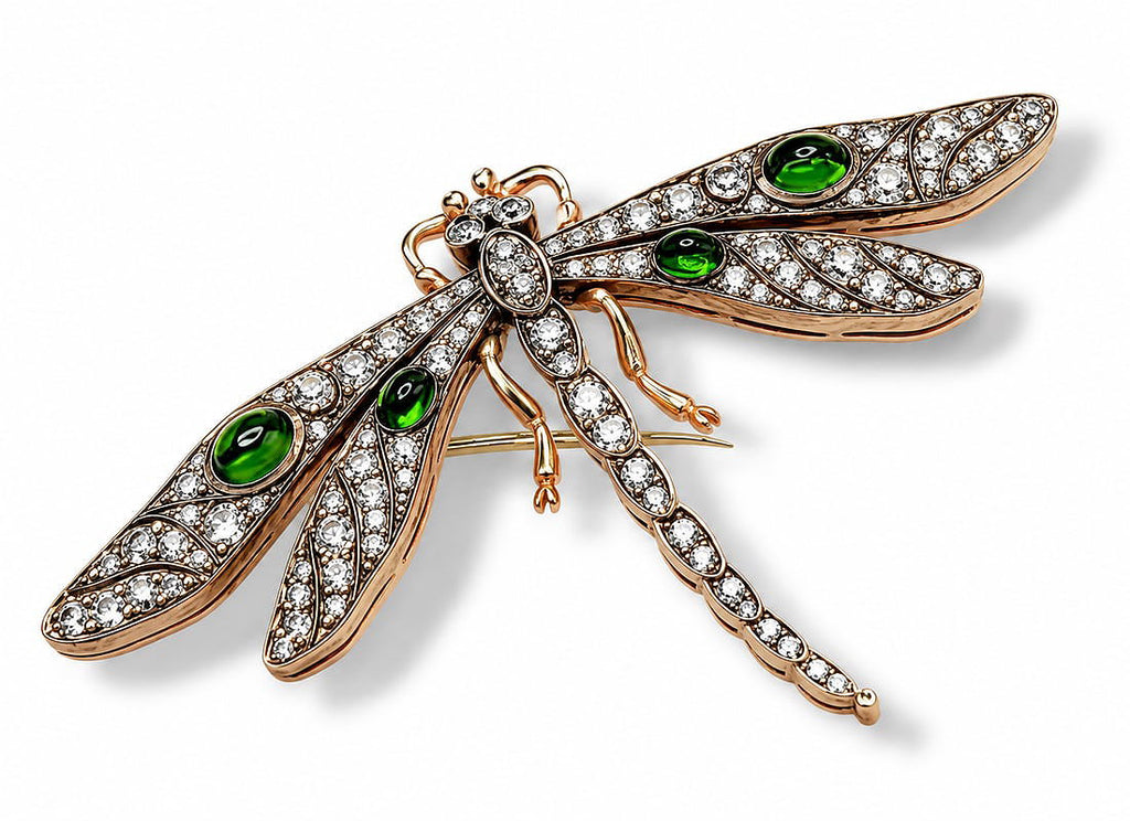 Dragonfly Art Nouveau brooch with green enamel and clear rhinestones, gold tone