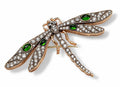 Dragonfly Art Nouveau brooch with green enamel and clear rhinestones, gold tone