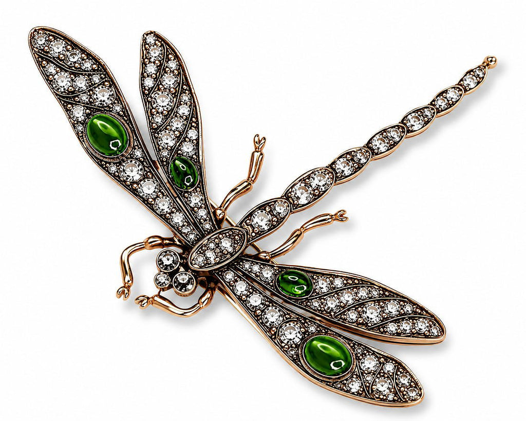 Art Nouveau dragonfly brooch with gold tone, diamonds, and green cabochons