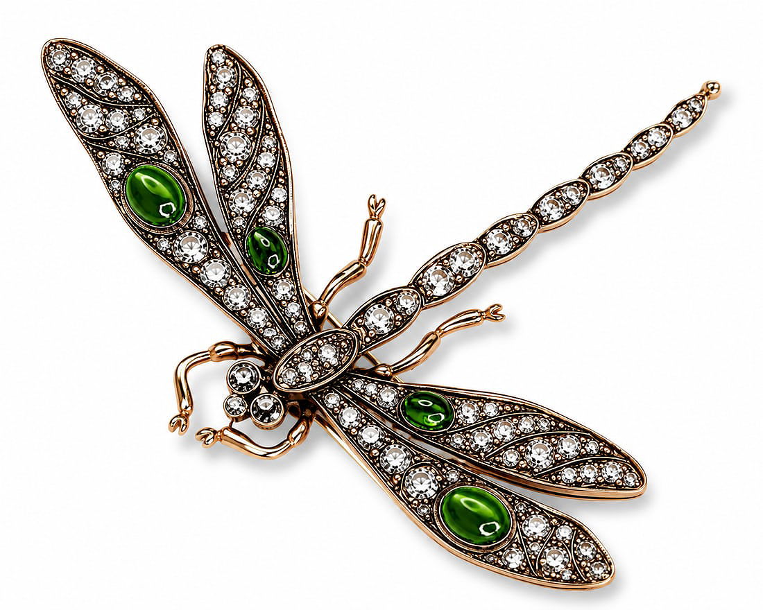Art Nouveau dragonfly brooch with gold tone, diamonds, and green cabochons