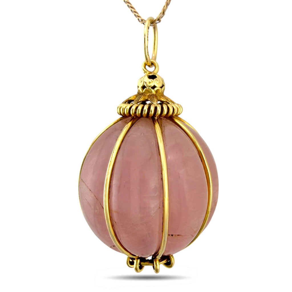 Italian 18K Yellow Gold Pink Quartz Orb Pendant