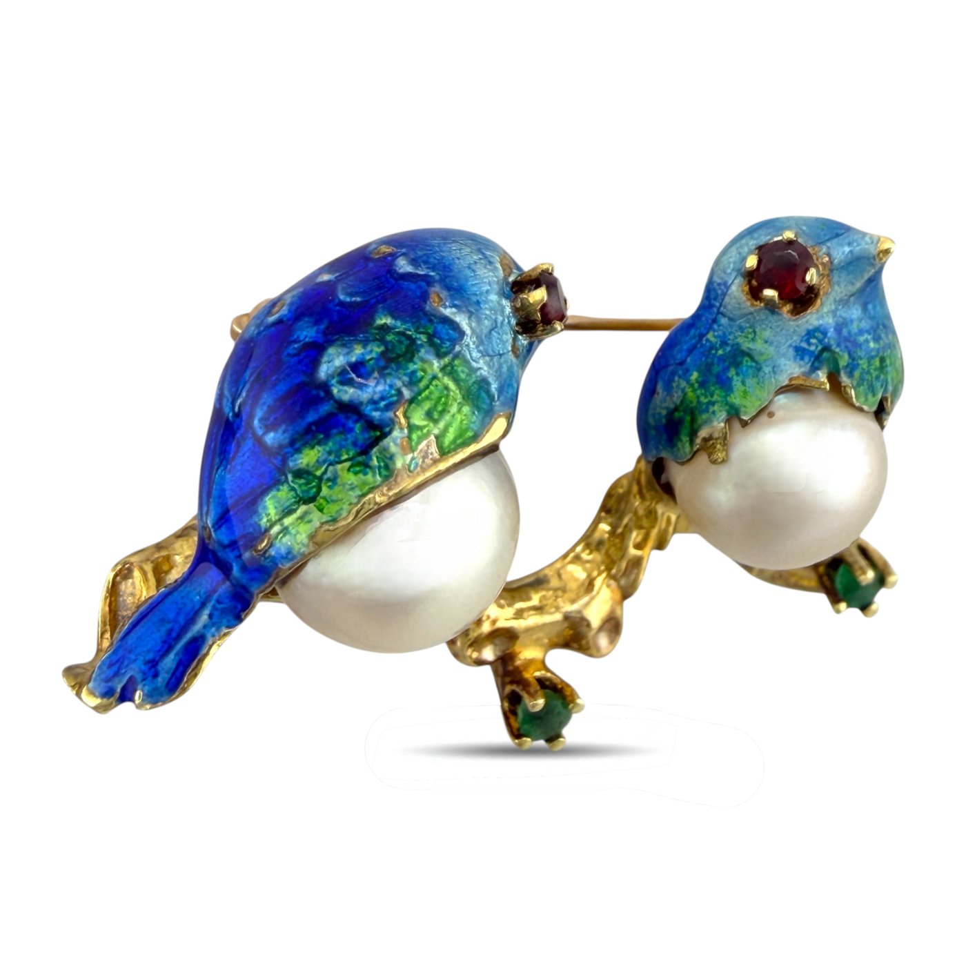 18K Yellow Gold Enamel Pearl Ruby and Emerald Bird Brooch