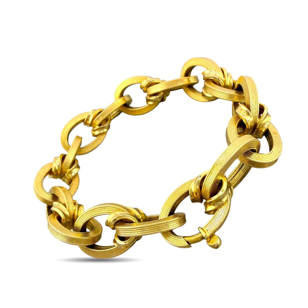 18K yellow gold textured oval link bracelet, side view of interlocking oval links