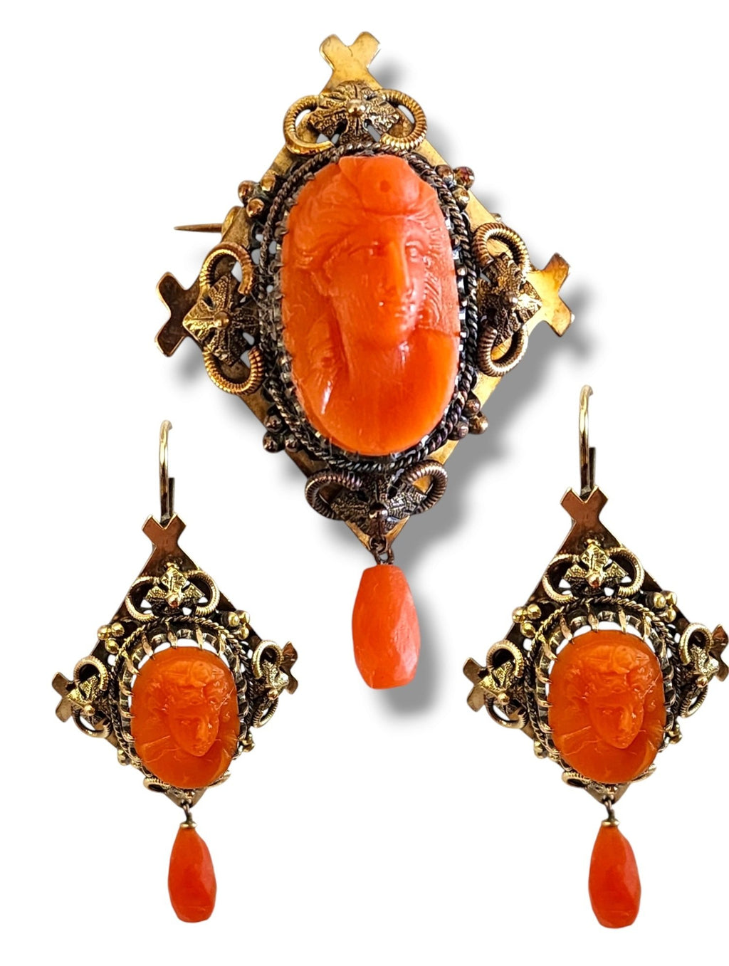 Victorian 14K Carved Coral Cameo Set Pendant, Brooch, Earrings