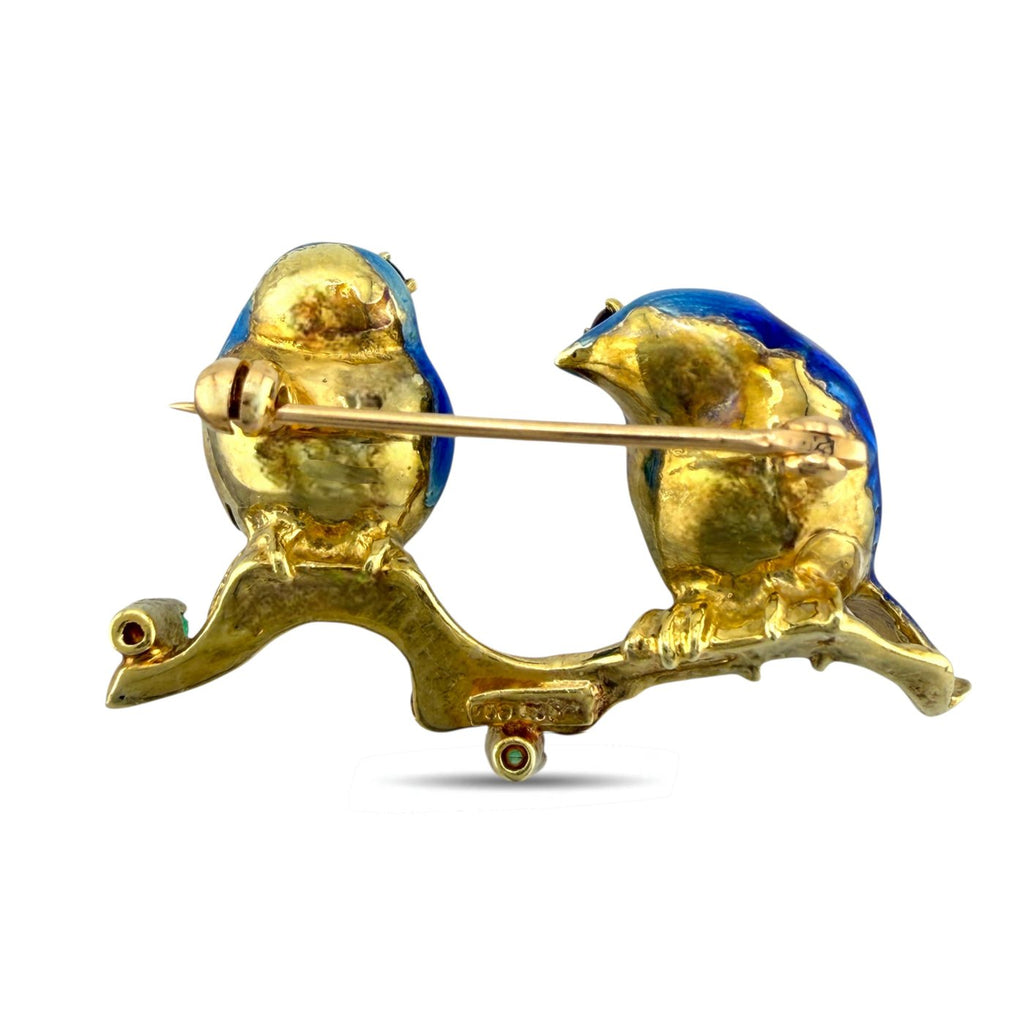 18K Yellow Gold Enamel Pearl Ruby and Emerald Bird Brooch
