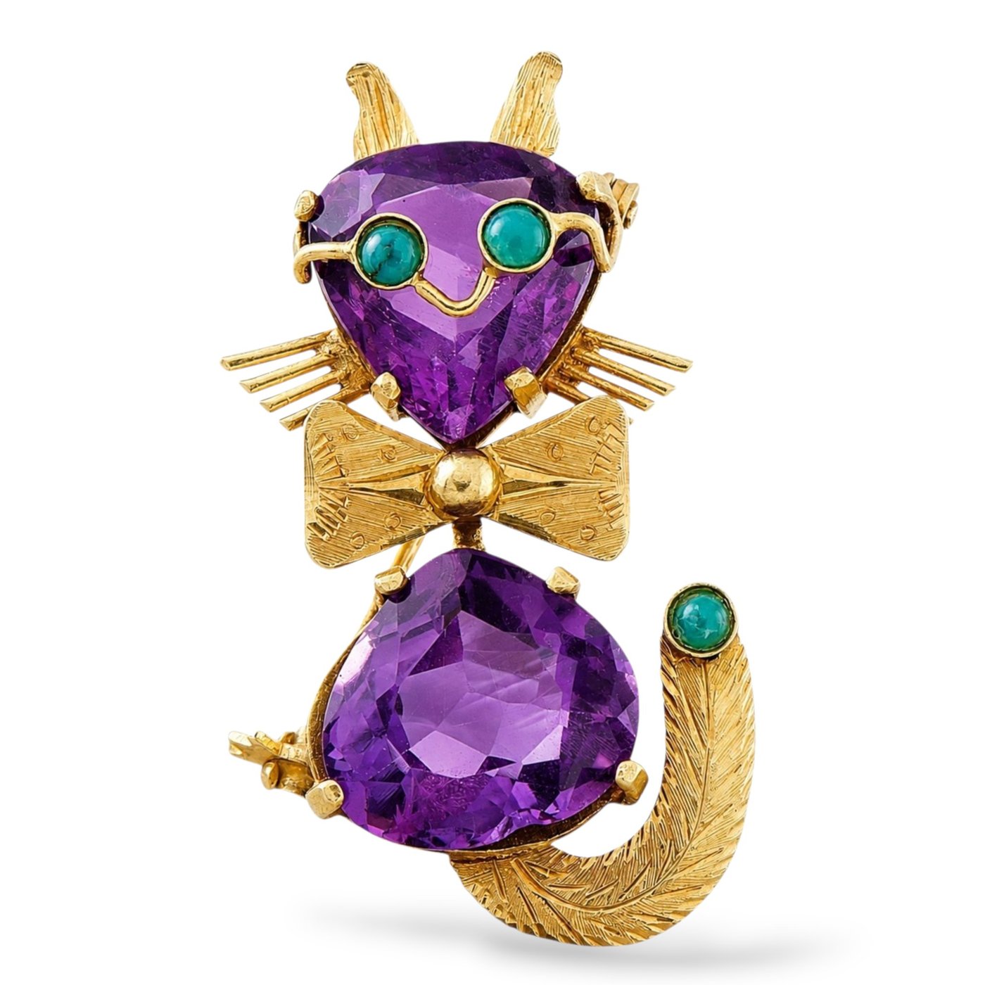 Gold cat brooch with amethyst drop centerpiece and teal turquoise eye stones