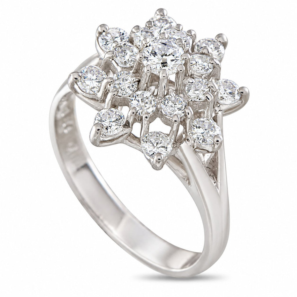 14K white gold diamond cluster ring with round stones in an ornate openwork setting