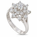 14K white gold diamond cluster ring with round stones in an ornate openwork setting