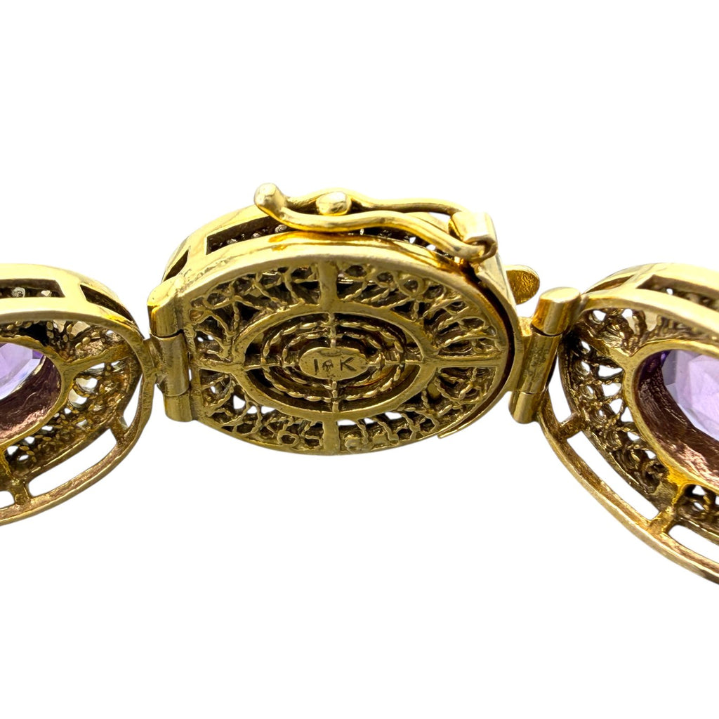 Antique 14K Yellow Gold Amethyst and Pearl Link Bracelet