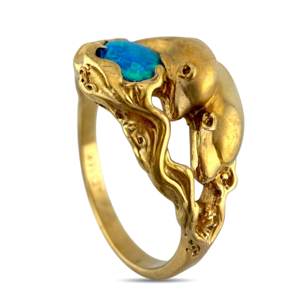 Vintage 14K Yellow Gold Dolphin Motif 0.4ct Opal Ring