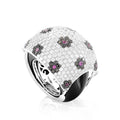 White gold dome ring with pink floral gemstone clusters and pave set stones