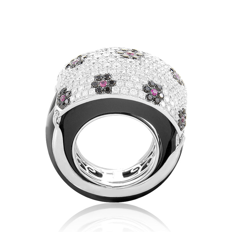 18K White Gold Floral Gemstone Pave Dome Ring