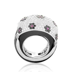 Exclusive 18K White Gold Floral  Gemstone  Pave Dome Ring