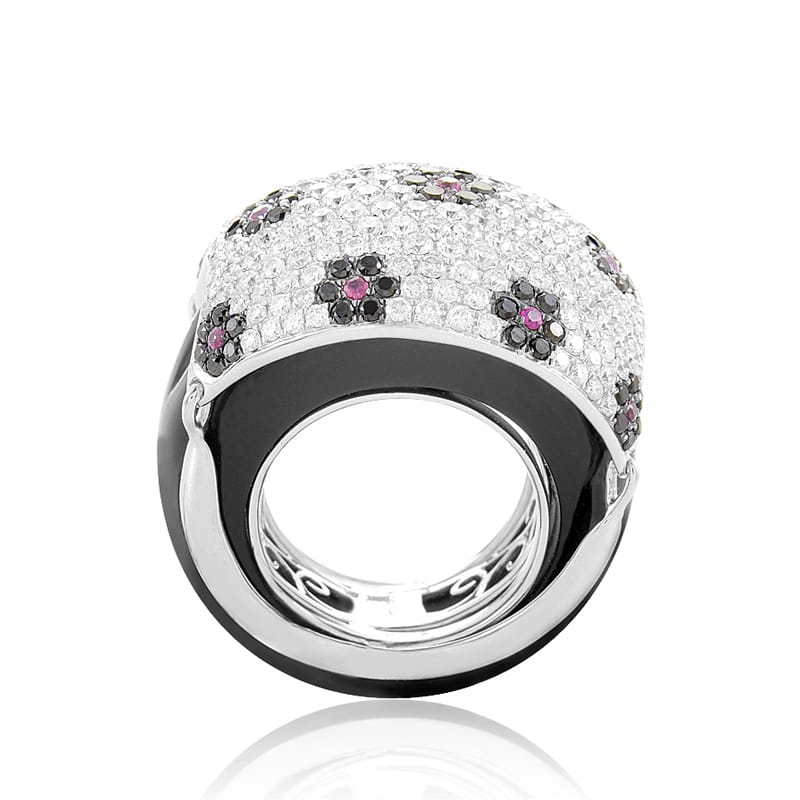 Exclusive 18K White Gold Floral  Gemstone  Pave Dome Ring