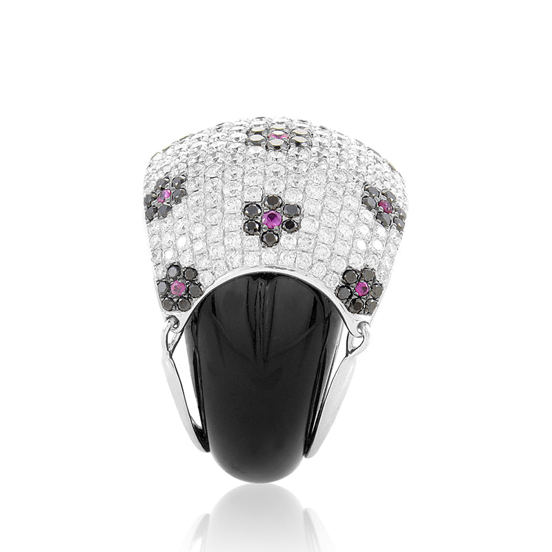 18K White Gold Floral Gemstone Pave Dome Ring