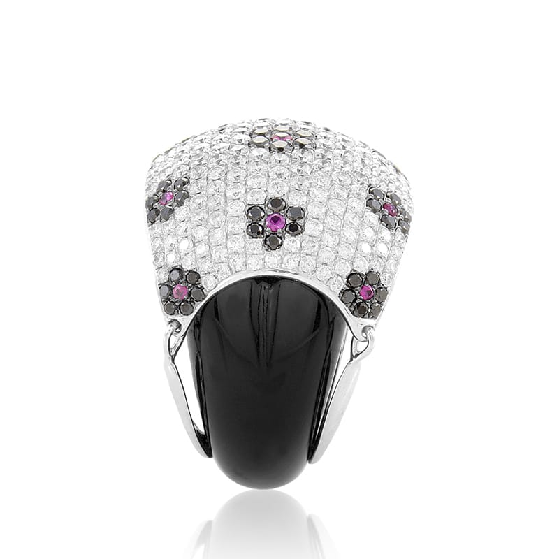 Exclusive 18K White Gold Floral  Gemstone  Pave Dome Ring