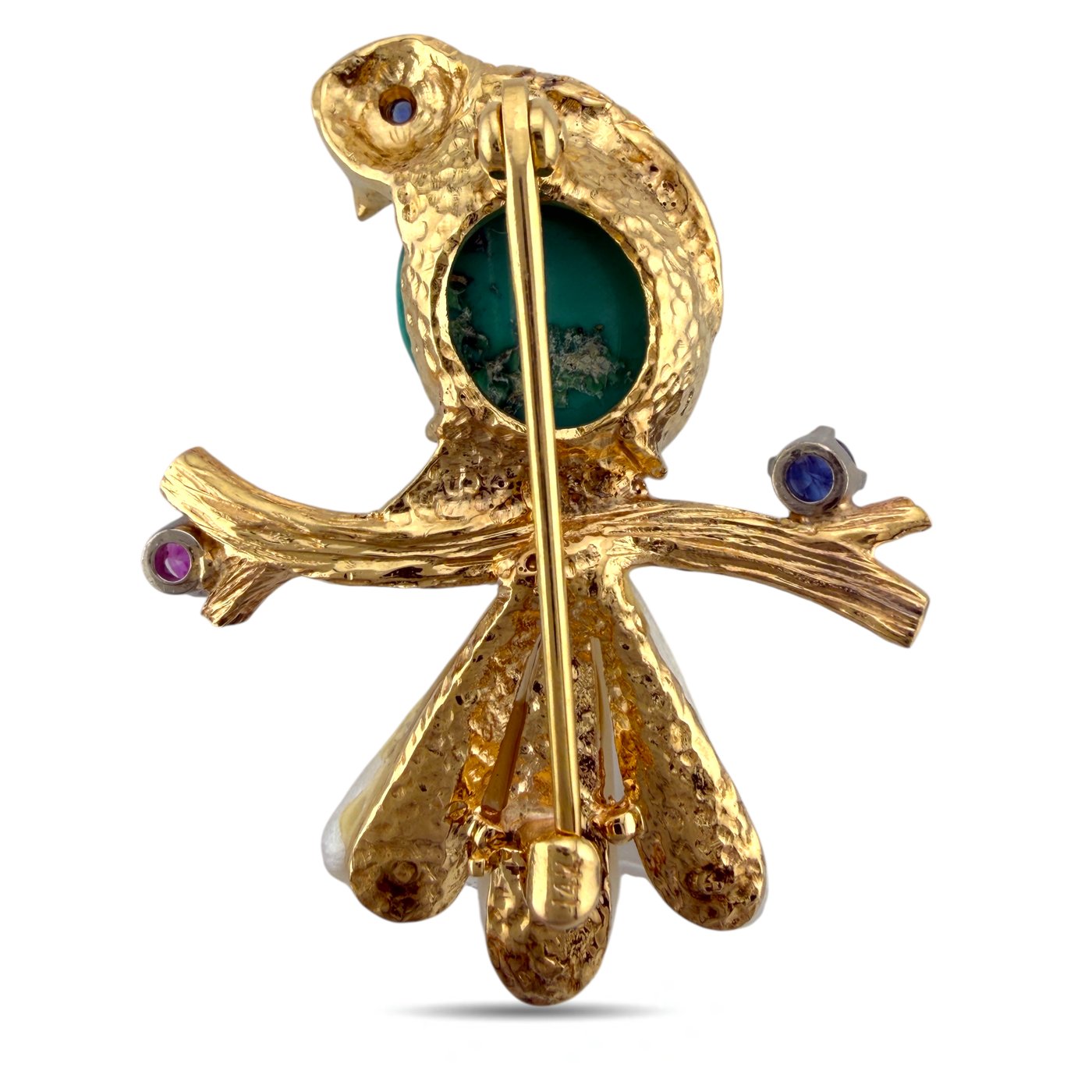 14K Yellow Gold Carved Mother of Pearl Bird Brooch