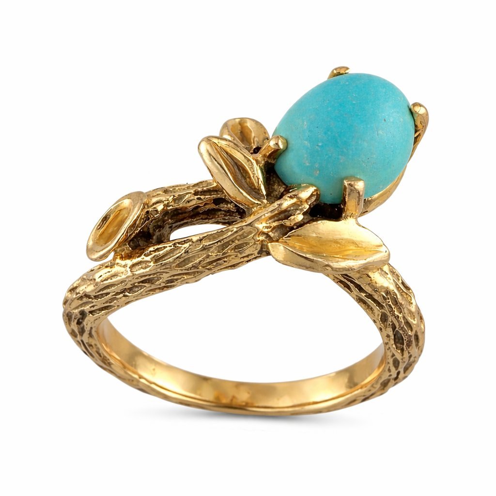 14K Yellow Gold Turquoise Ring with Sculpted Branch Motif