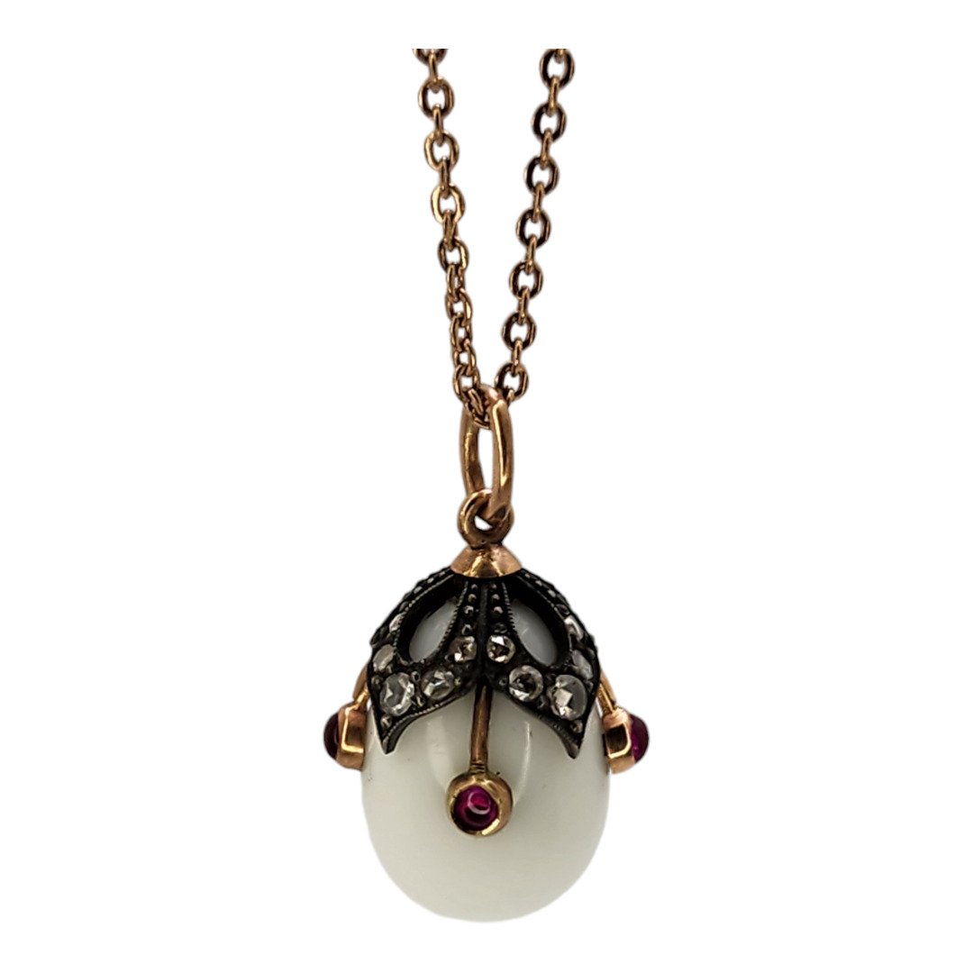 Pendant K. Faberge Imperial Russian 56k (14k) Gold & Diamond Egg Pendant Circa 1890