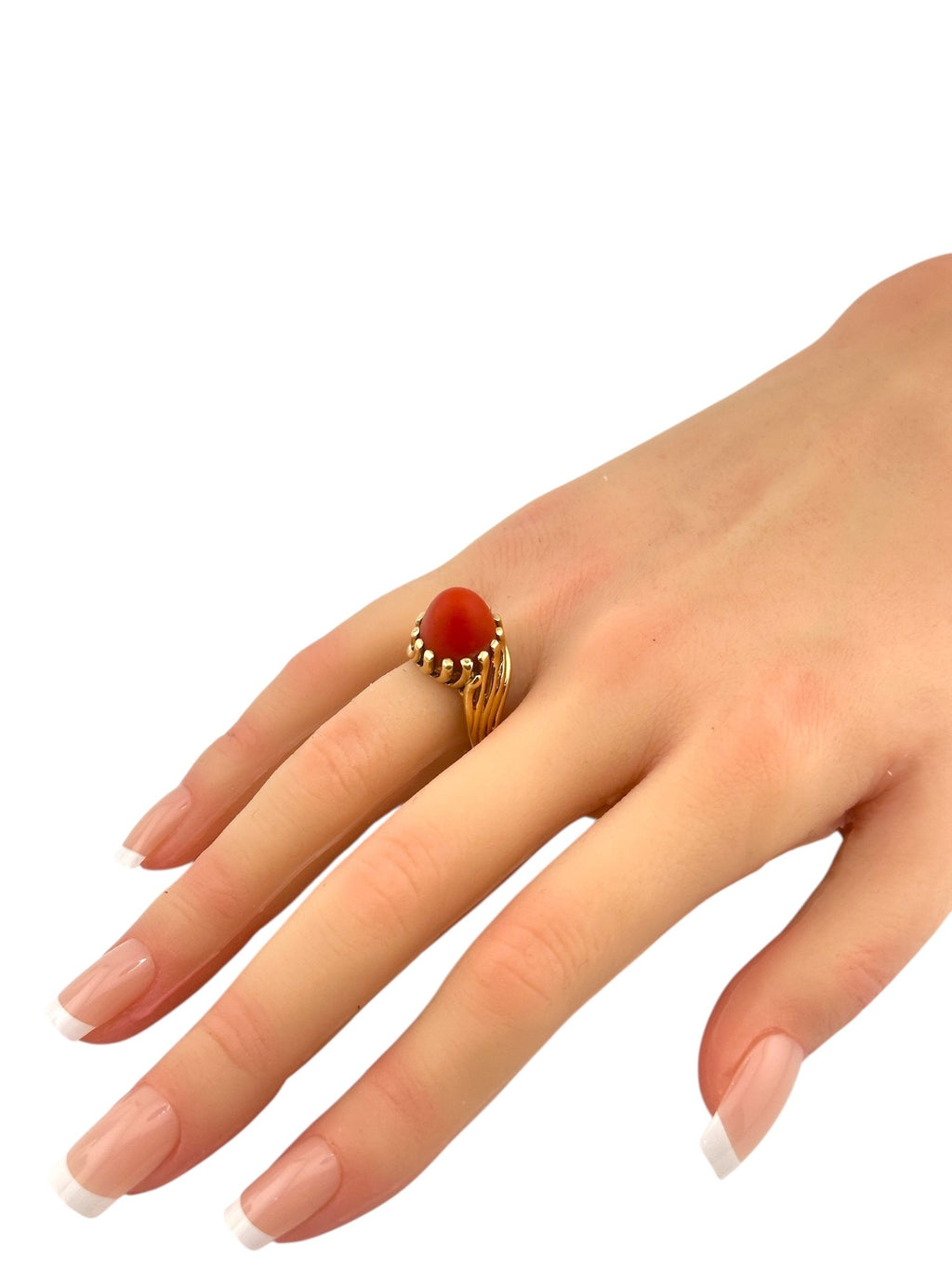 14K Yellow Gold Ring with Red Coral Cabochon