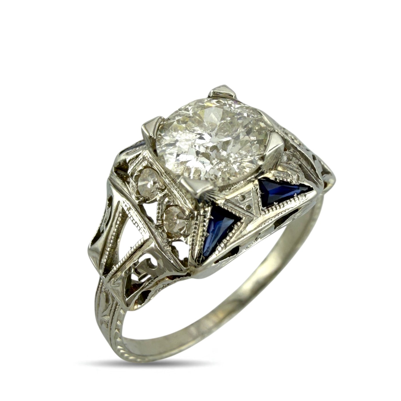 Platinum 1.12ct Diamond and Sapphire Art Deco Ring