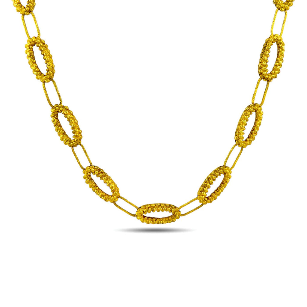 Gold long necklace with textured oval links and central oval clasp
