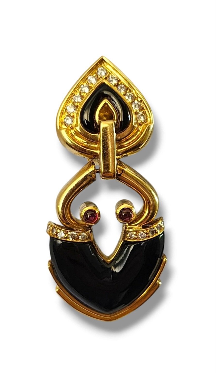 Vintage Spade Design 18K Gold Earring decorated with Diamonds and Rubies