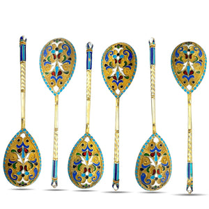 Antique Imperial Russian 84 Zolotnik Silver & Enamel Six Spoon Set