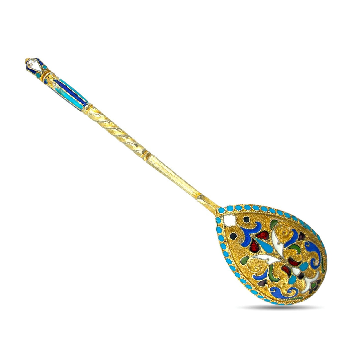 Ornate enamel spoon with blue border and gold scrollwork floral design