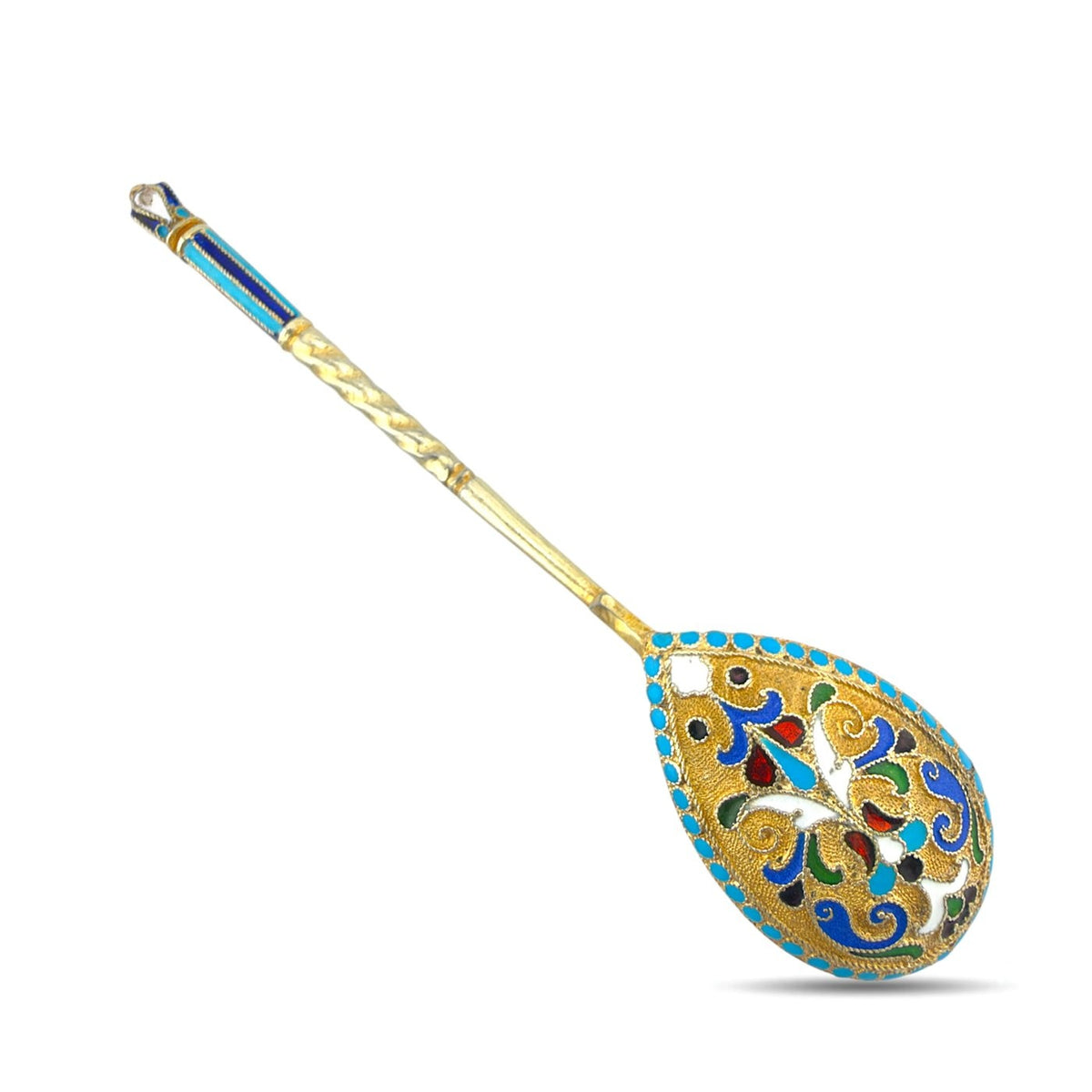 Gilded enamel spoon with blue-and-gold teardrop bowl and rope-twist handle