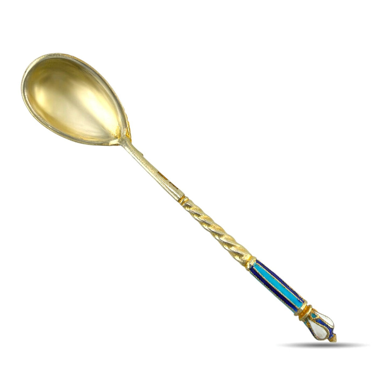Gilded metal spoon with rounded gold-toned bowl and rope-twist handle