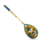 Gilded enamel spoon with blue enamel border and ornate blue-and-gold teardrop bowl