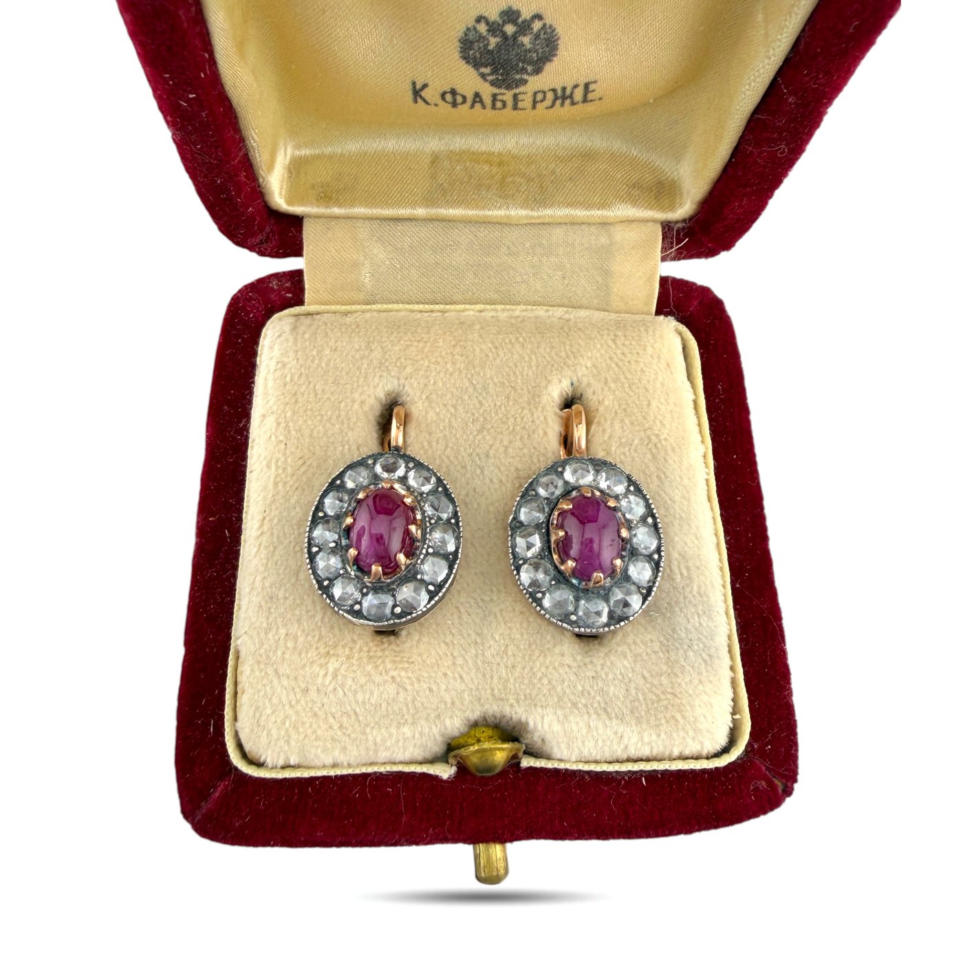 K. Faberge Imperial Russian 14K (56K) Rose Gold 2.20ct Ruby and 1.44ct Diamond Earrings
