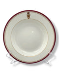 Imperial Russian porcelain plate with maroon rim, gold crest, and decorative inner border