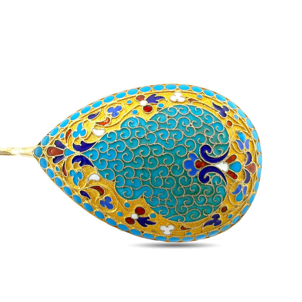 Antique Russian silver enamel spoon, turquoise oval bowl with gold floral scrollwork